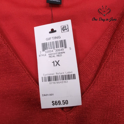 Alfani Plus Size Metallic Shimmer V Neck Long Sleeve Top Real Red NWT Size 1X