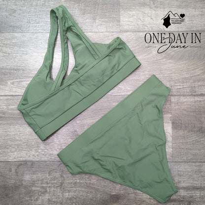 Pink Queen One Shoulder Crop Bikini Swimsuit Sage Green Size L