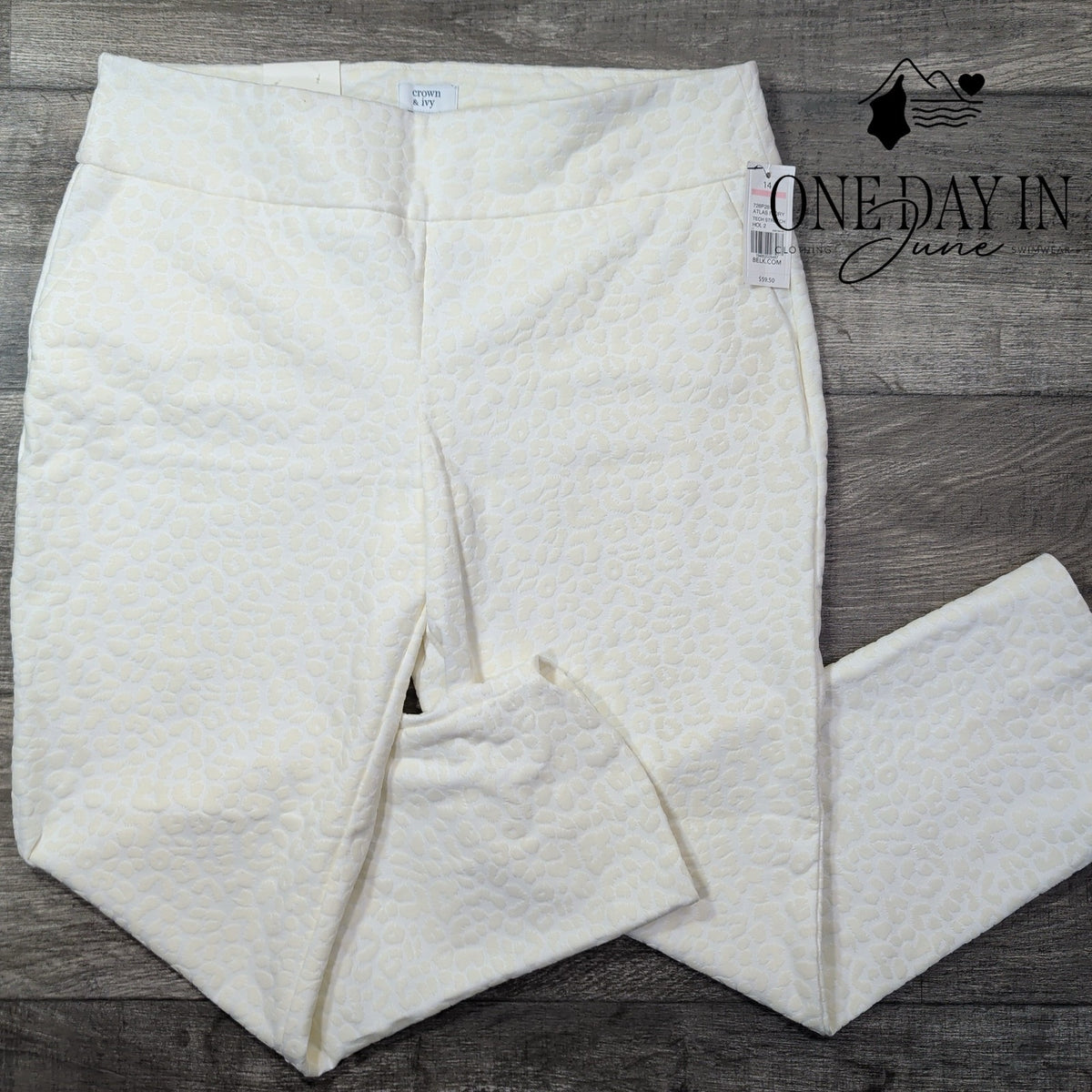Crown & Ivy Tech Stretch Leopard Jacquard Ankle Pants Ivory NWT Size 14