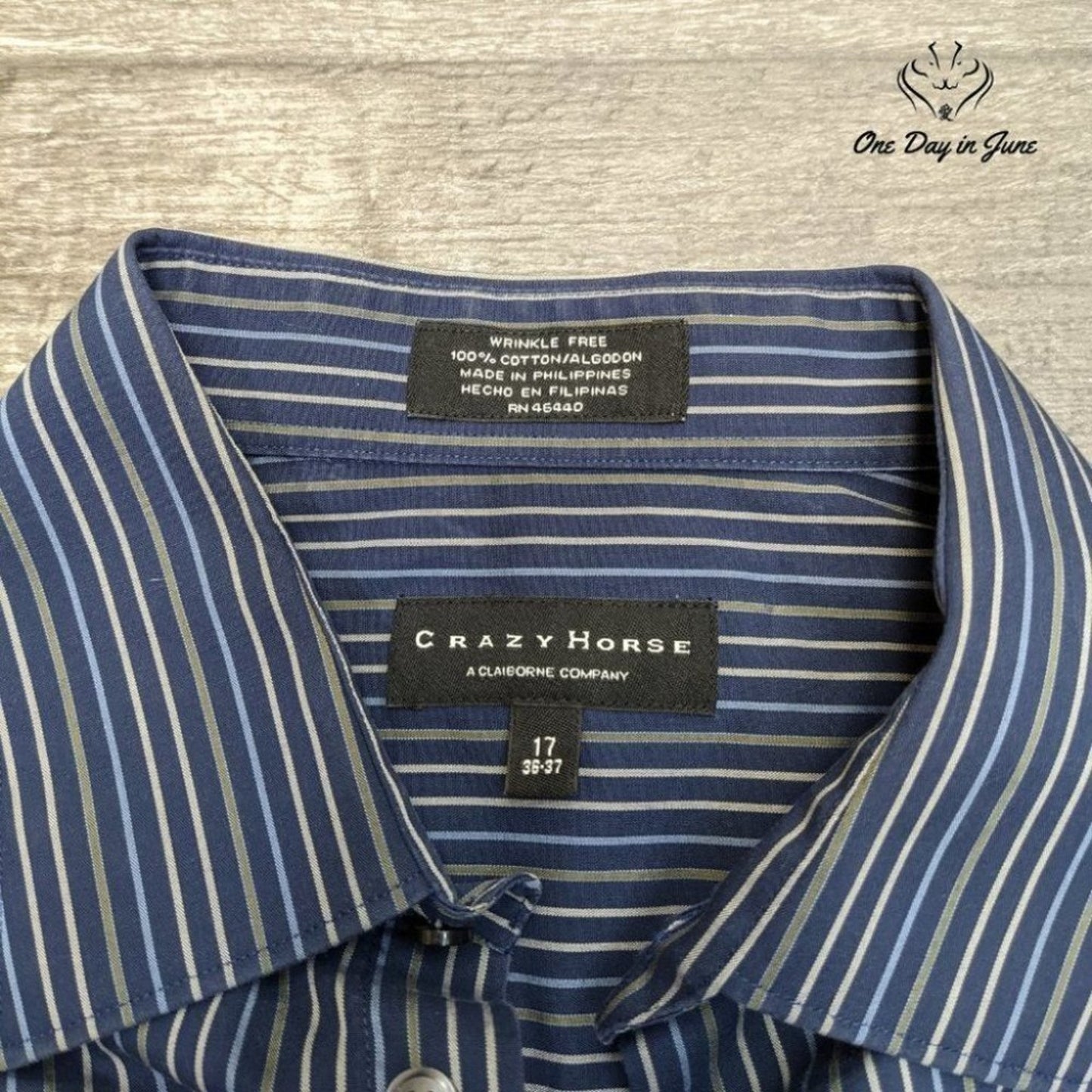 Crazy Horse Stiped Button Down Dress Shirt 100% Cotton Size 17 (36-37)