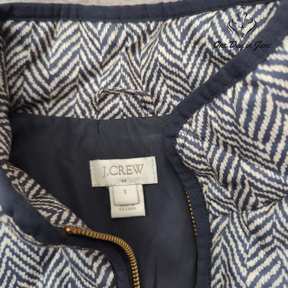 J.Crew Herringbone Quilted Full Zip Vest Black Ivory Gold Zipper Size S