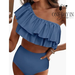 Vimpunec One Shoulder Ruffle High Waist Bikini Swimsuit Blue NWT Size L