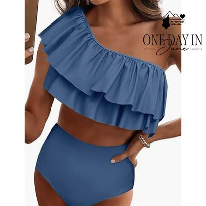 Vimpunec One Shoulder Ruffle High Waist Bikini Swimsuit Blue NWT Size L