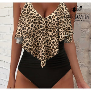 CharmLeaks Leopard Print Lace Up Back Flounce One Piece Swimsuit Size M
