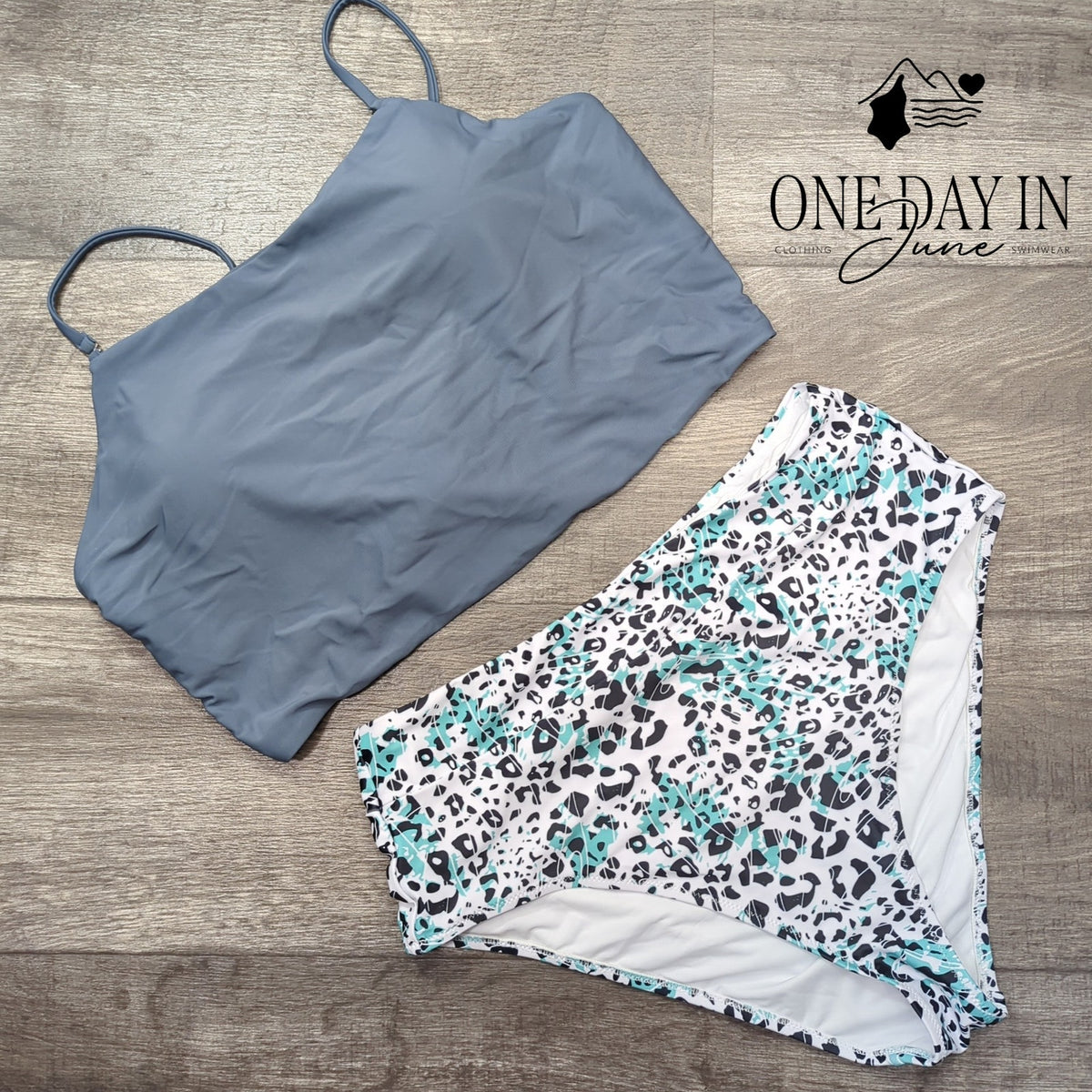 CharmLeaks Crop Top High Waist Bikini Swimsuit Gray Leopard Print Size L