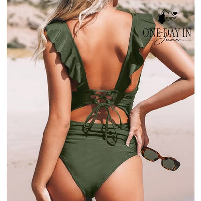 Cupshe Ruffle Shoulder Tummy Control One Piece Swimsuit Size M