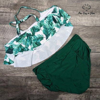 Uoknice Flounce Top Ruched Bottom Palm Leaf Bikini Swimsuit Size XXL