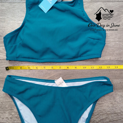 Cupshe Bikini Teal Ribbed High Neck Racerback Two Piece Swimsuit NWT Size S
