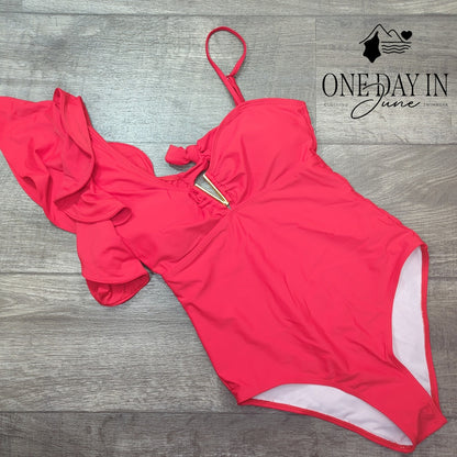 Sporlike Red Ruffle One Shoulder Tie Back One Piece Swimsuit NWT Size S