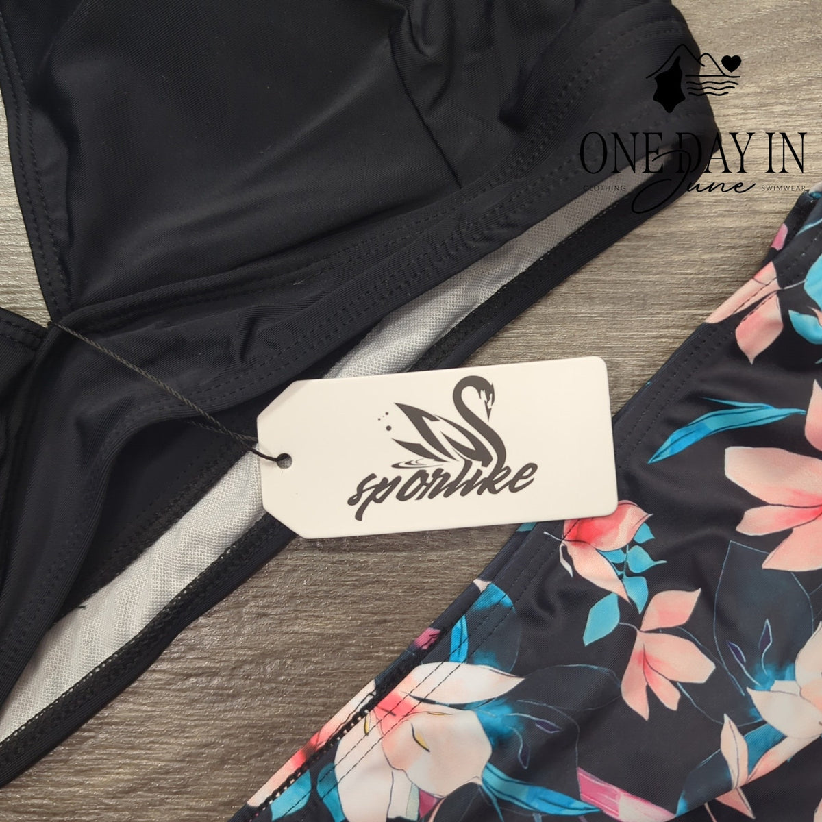 Sporlike Ruffle Shoulder High Waist Floral Bikini Swimsuit Black NWT Size L