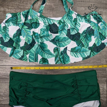 Uoknice Flounce Top Ruched Bottom Palm Leaf Bikini Swimsuit Size XXL