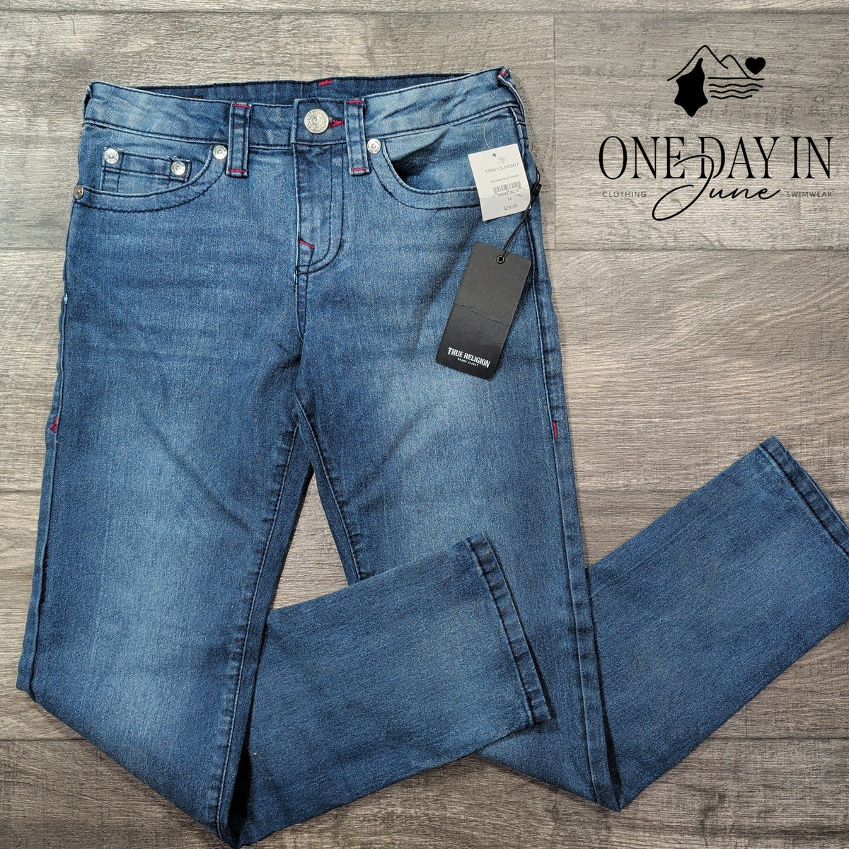 True Religion Girls Geno Slim Leg Jeans Bahama Blue Wash NWT Size 14