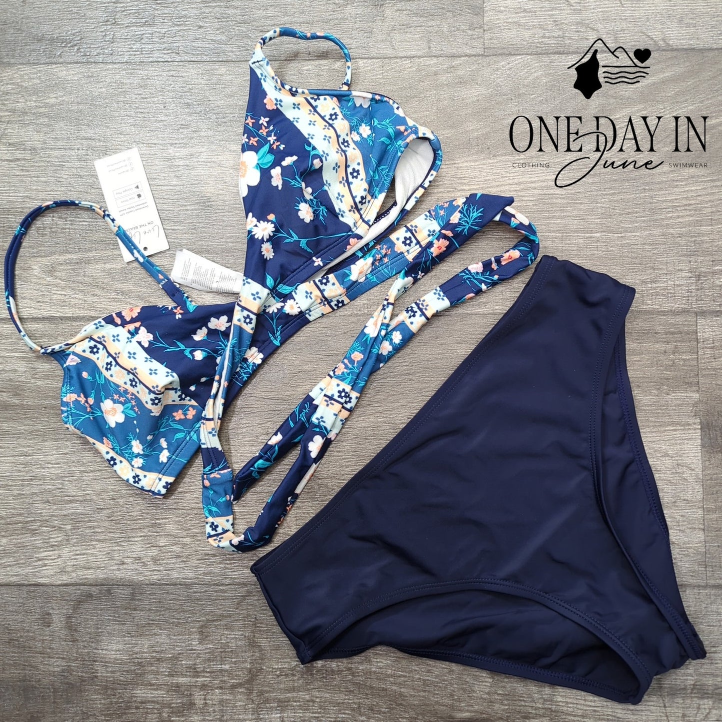 Cupshe Cross Front Wrap Bikini Navy Floral High Waist 2 Piece NWT Size S