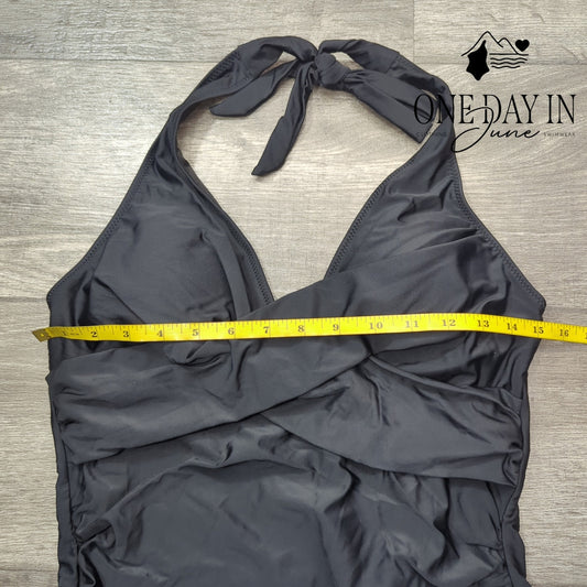 Adisputent Halter Cross Front One Piece Swimsuit Black Size XL