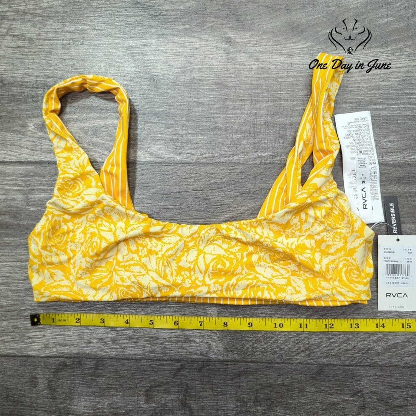 RVCA Forever Bralette Reversible Bikini Top Yellow Floral Stripe NWT Size M
