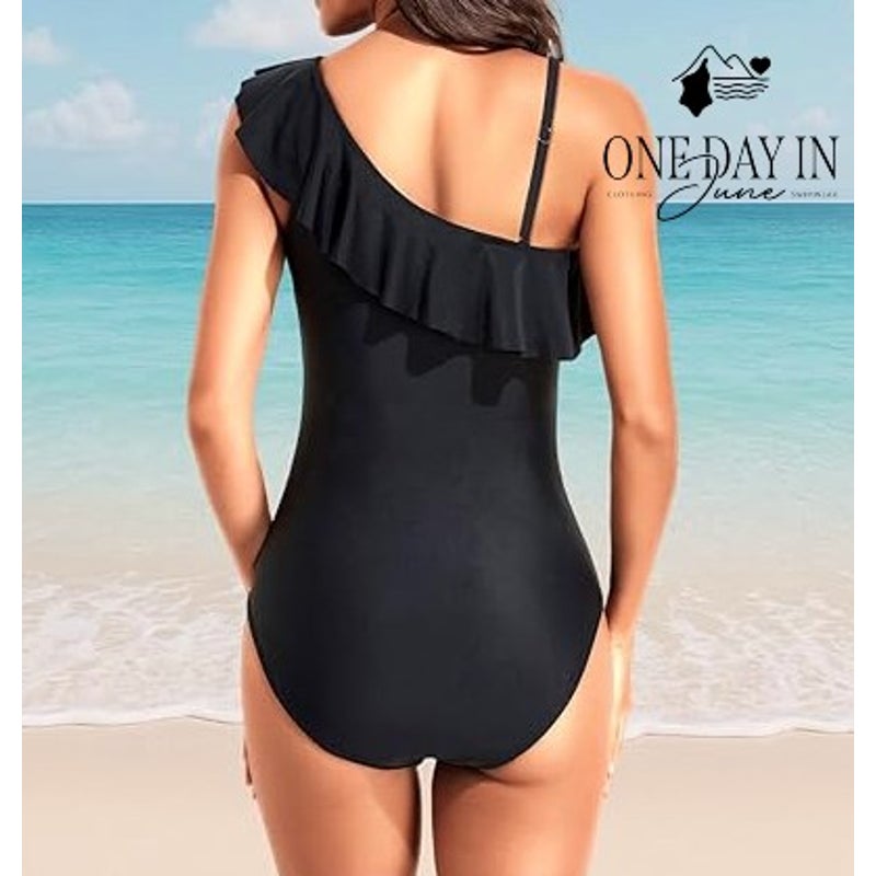 Tempt Me One Shoulder Ruffle One Piece Swimsuit Black Ruched NWT Size XL