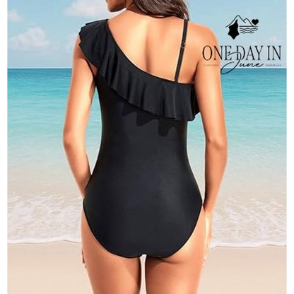 Tempt Me One Shoulder Ruffle One Piece Swimsuit Black Ruched NWT Size XL