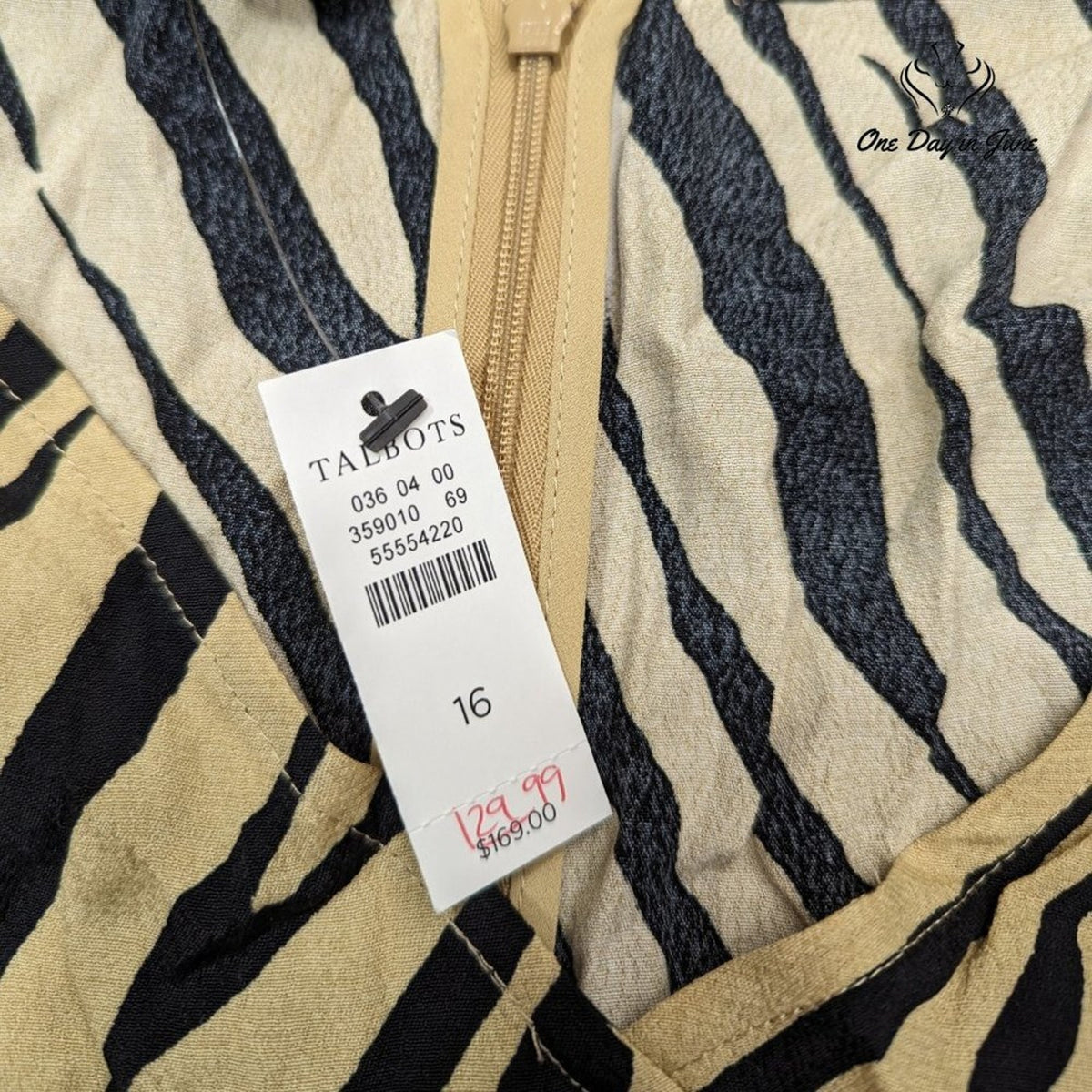 Talbots Striking Zebra Midi Shirtdress Tan Black Belted NWT Size 16