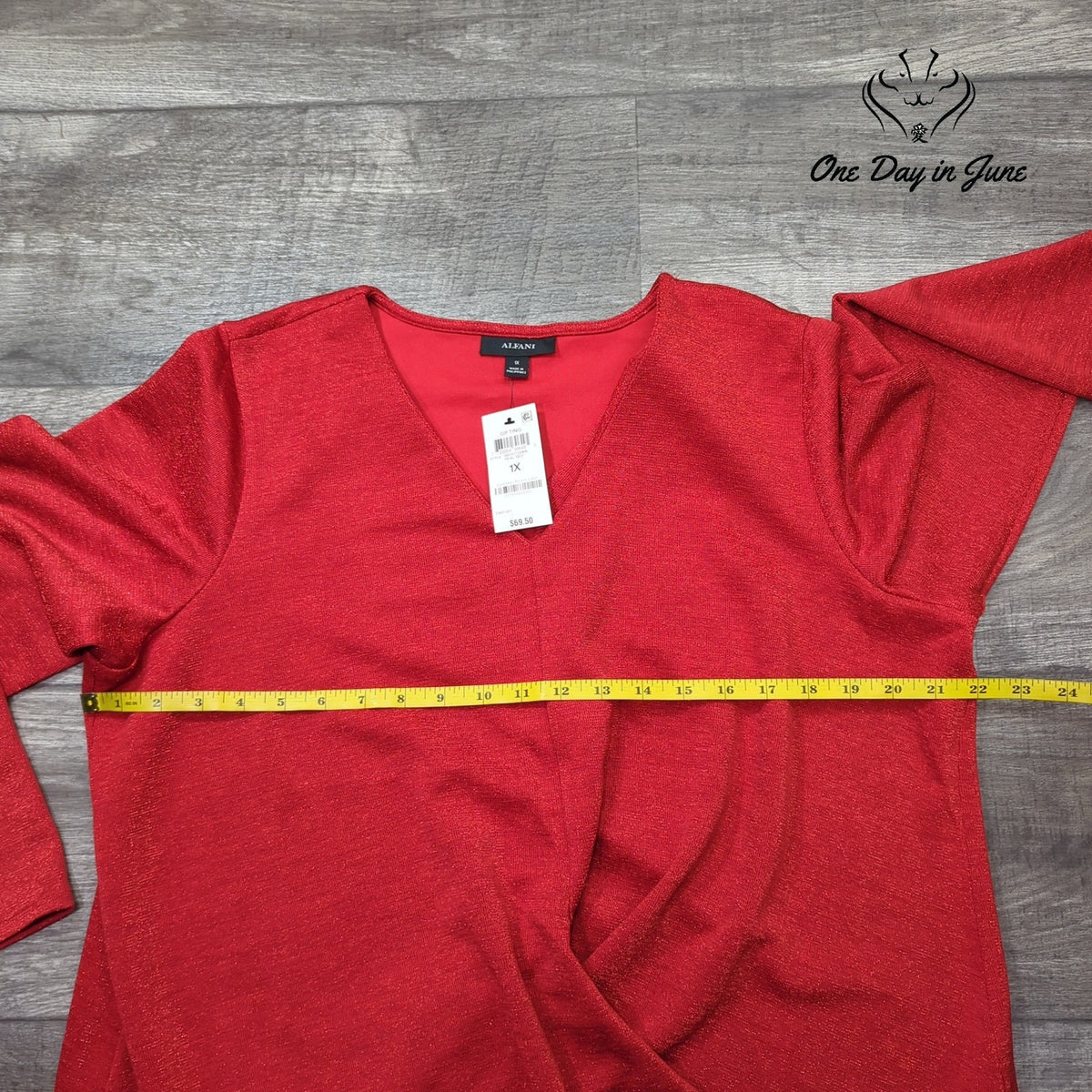 Alfani Plus Size Metallic Shimmer V Neck Long Sleeve Top Real Red NWT Size 1X