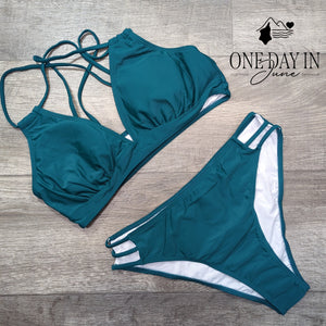 Adisputent Strappy Cross Back Bikini Swimsuit Teal Blue 2 Piece Size M
