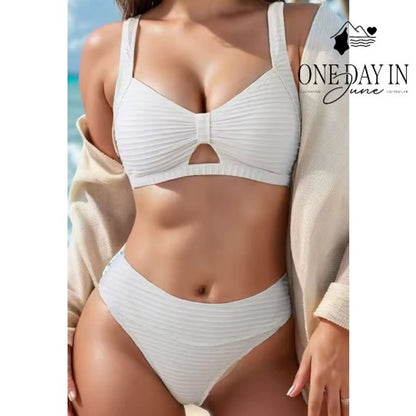 Adisputent Textured Keyhole Bikini Swimsuit White Ribbed 2 Piece Size XL