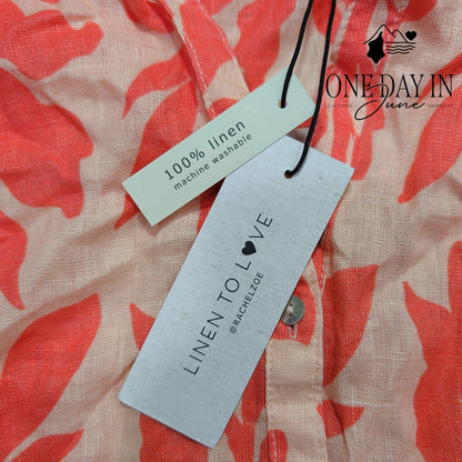 Rachel Zoe 100% Linen Tropical Floral Button Down Shirt Coral NWT Size L