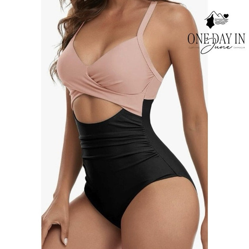 Eomenie Cross Front Cutout One Piece Swimsuit Pink Black NWT Size M