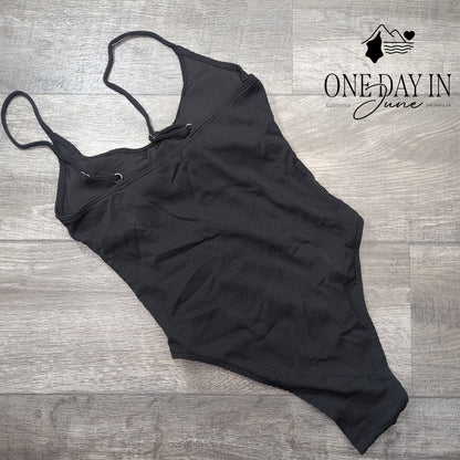 Aleumdr Ribbed High Cut Cheeky One Piece Swimsuit Black Size S