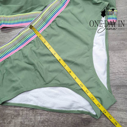 Adisputent High Waisted Crop Bikini Swimsuit Sage Green Rainbow Trim Size XL