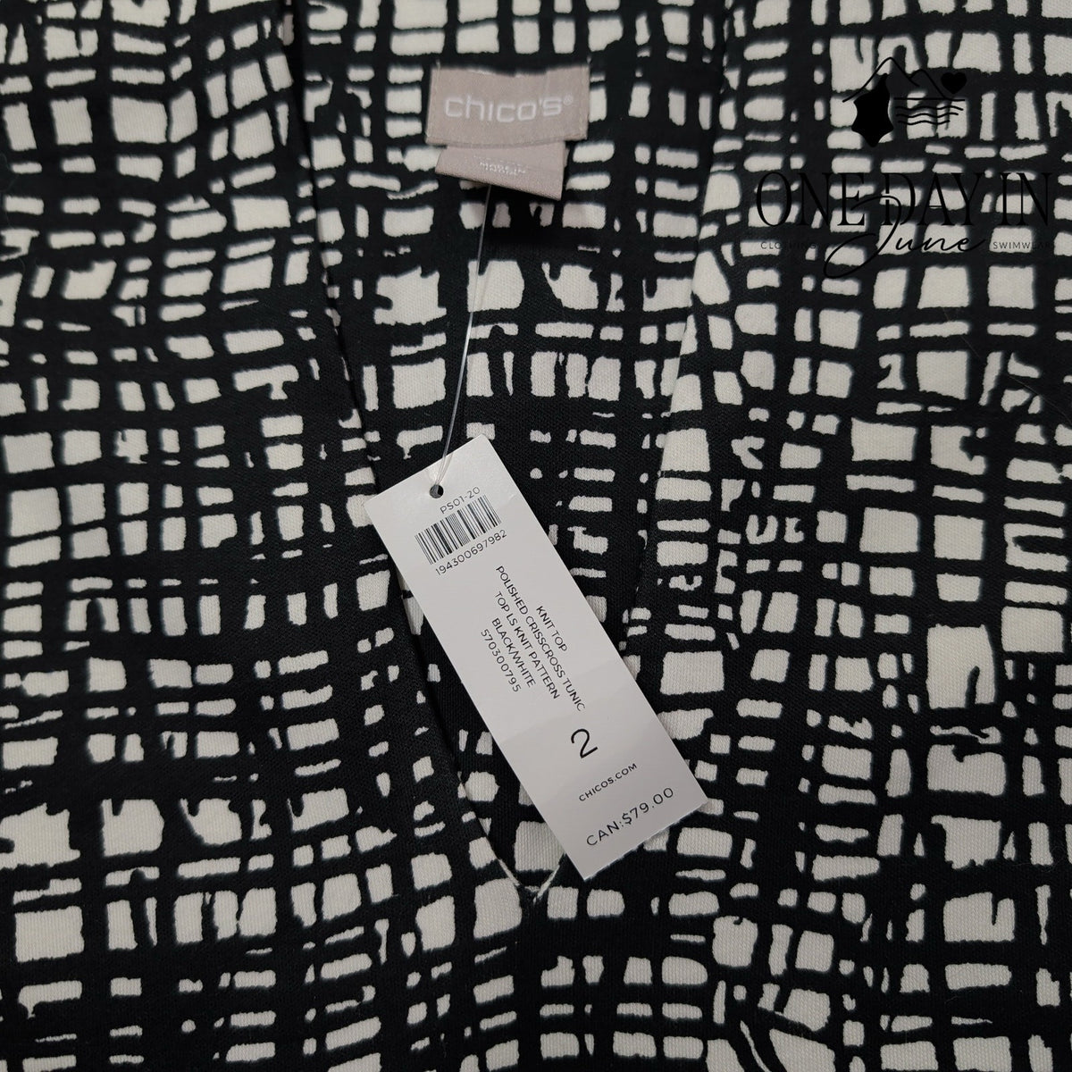 Chico's Polished Knit Crosshatch Print Long Sleeve Tunic Top NWT Size (L)