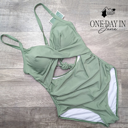 Eomenie Cross Front Cut Out One Piece Swimsuit Sage Green NWT Size L