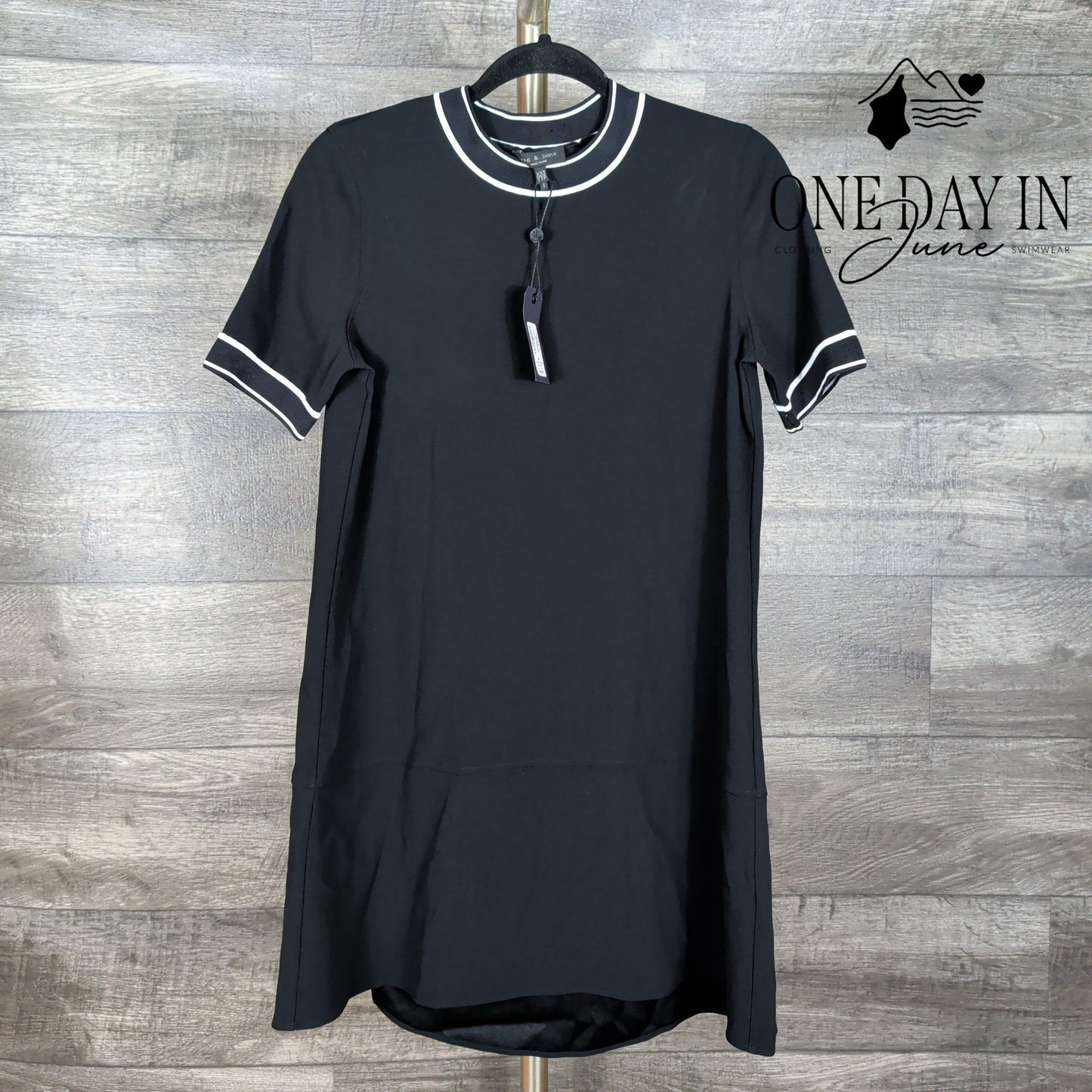 Rag & Bone Thatch Dress Black Crepe White Trim Hi Low Shift NWT $395 Size XXS