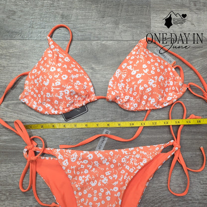 Zaful NWT Floral Triangle Bikini Orange White Tie Side String Swimsuit Size L