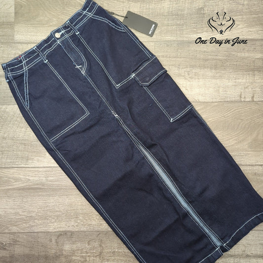 True Religion Denim Cargo Maxi Skirt Size 27 (4)