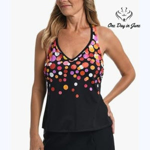 Maxine of Hollywood V Neck Racerback Tankini Top Black Polka Dot NWT Size 8