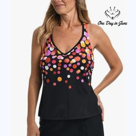Maxine of Hollywood V Neck Racerback Tankini Top Black Polka Dot NWT Size 8