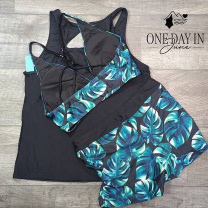 Yonique Boyshort Cage Back 3 Piece Bikini Swimsuit Size L