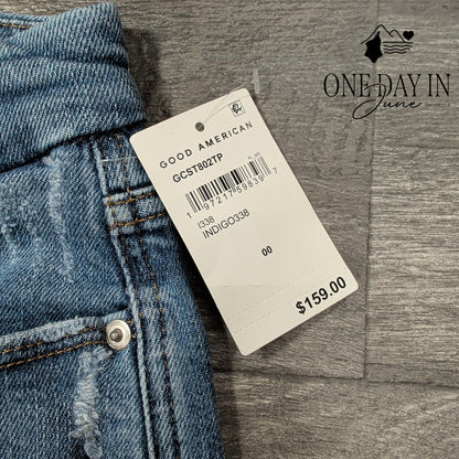 Good American Good Curve Straight Jeans Indigo338 Distressed NWT Size 00