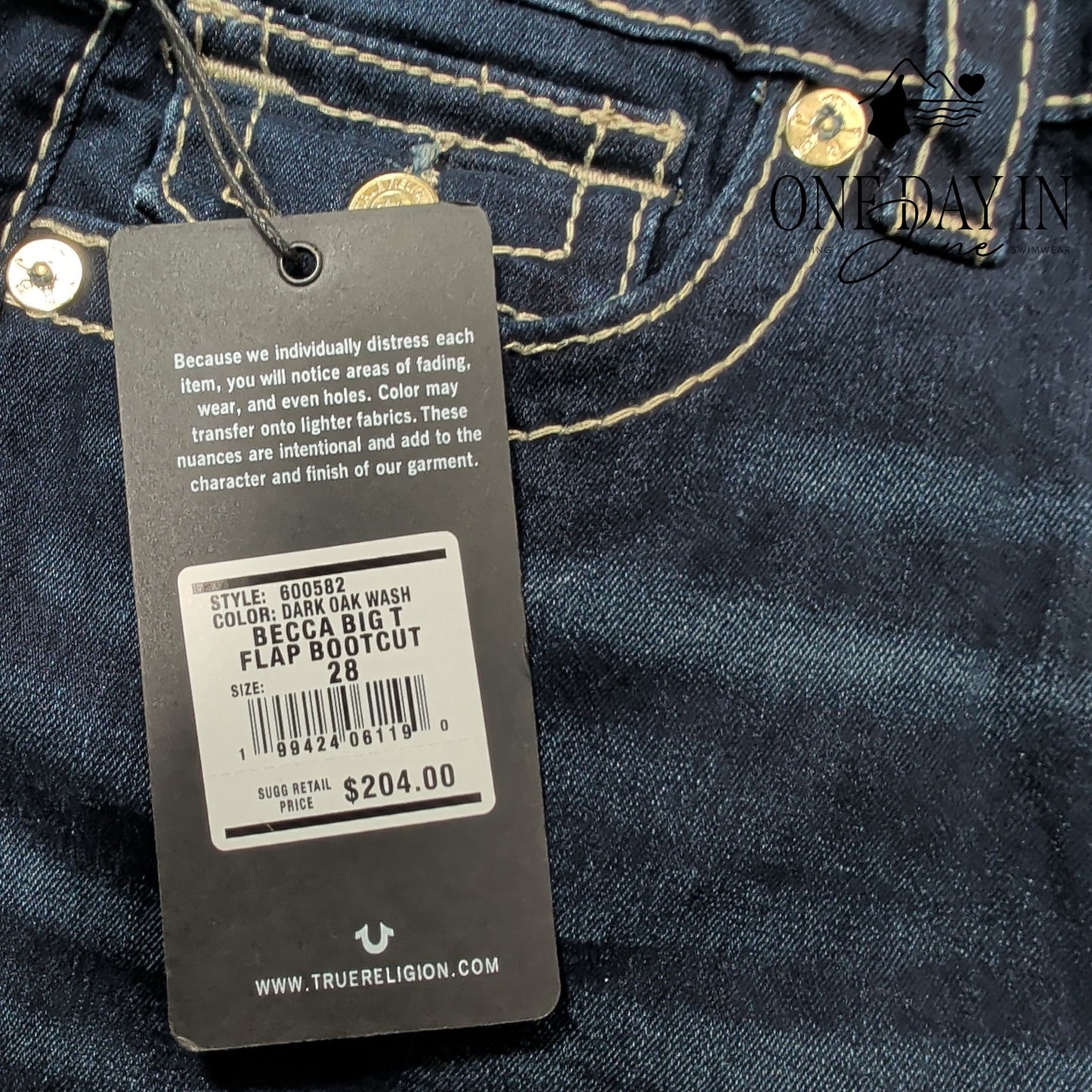 True Religion Becca Big T Flap Bootcut Jeans Dark Oak Wash NWT Size 6 (28)