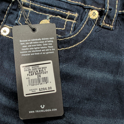 True Religion Becca Big T Flap Bootcut Jeans Dark Oak Wash NWT Size 6 (28)