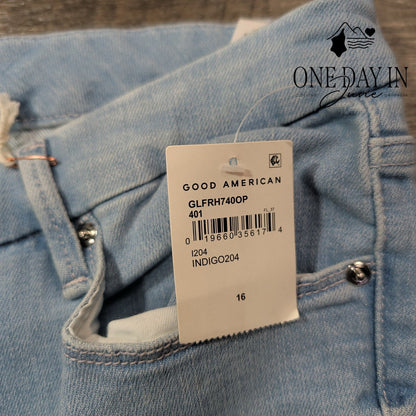 Good American Good Legs Flare Jeans Light Wash Raw Hem NWT Size 16