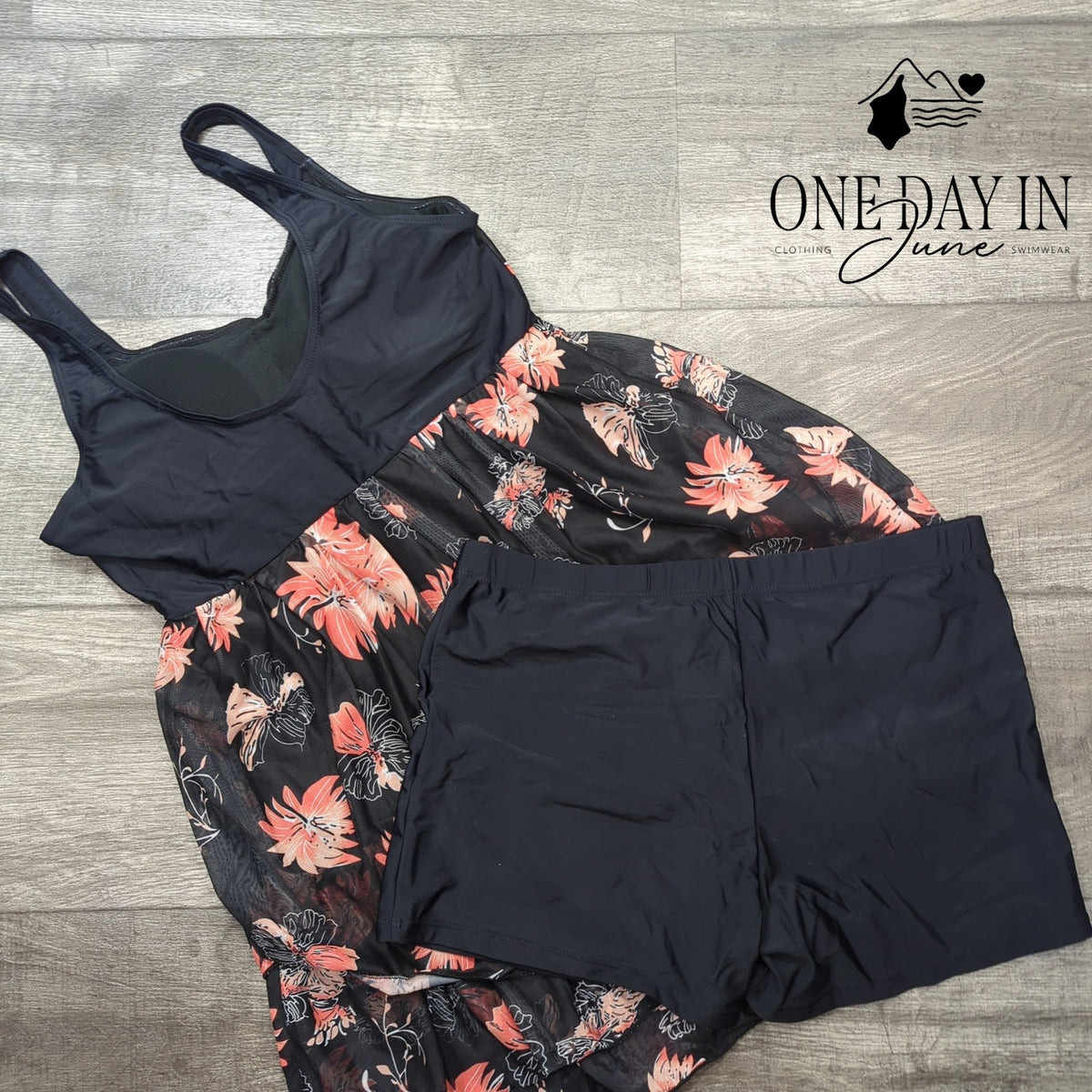 Adisputent Floral Mesh Swimdress Boyshort Tankini Swimsuit Black Coral Size L