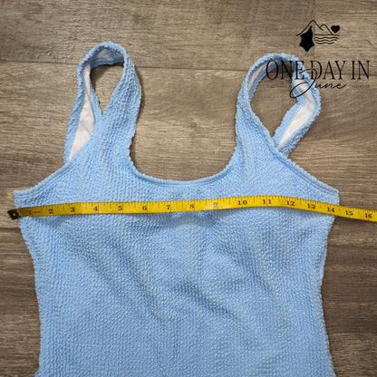 Aleumdr Smocked Cheeky One Piece Swimsuit Light Blue Textured Size M