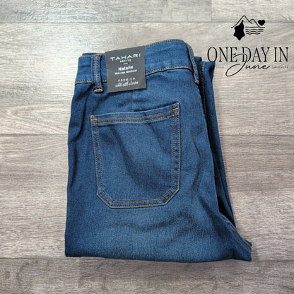 Tahari Petite Natalie Mid Rise Miniboot Jeans Blue Seta Silk NWT Size 6P