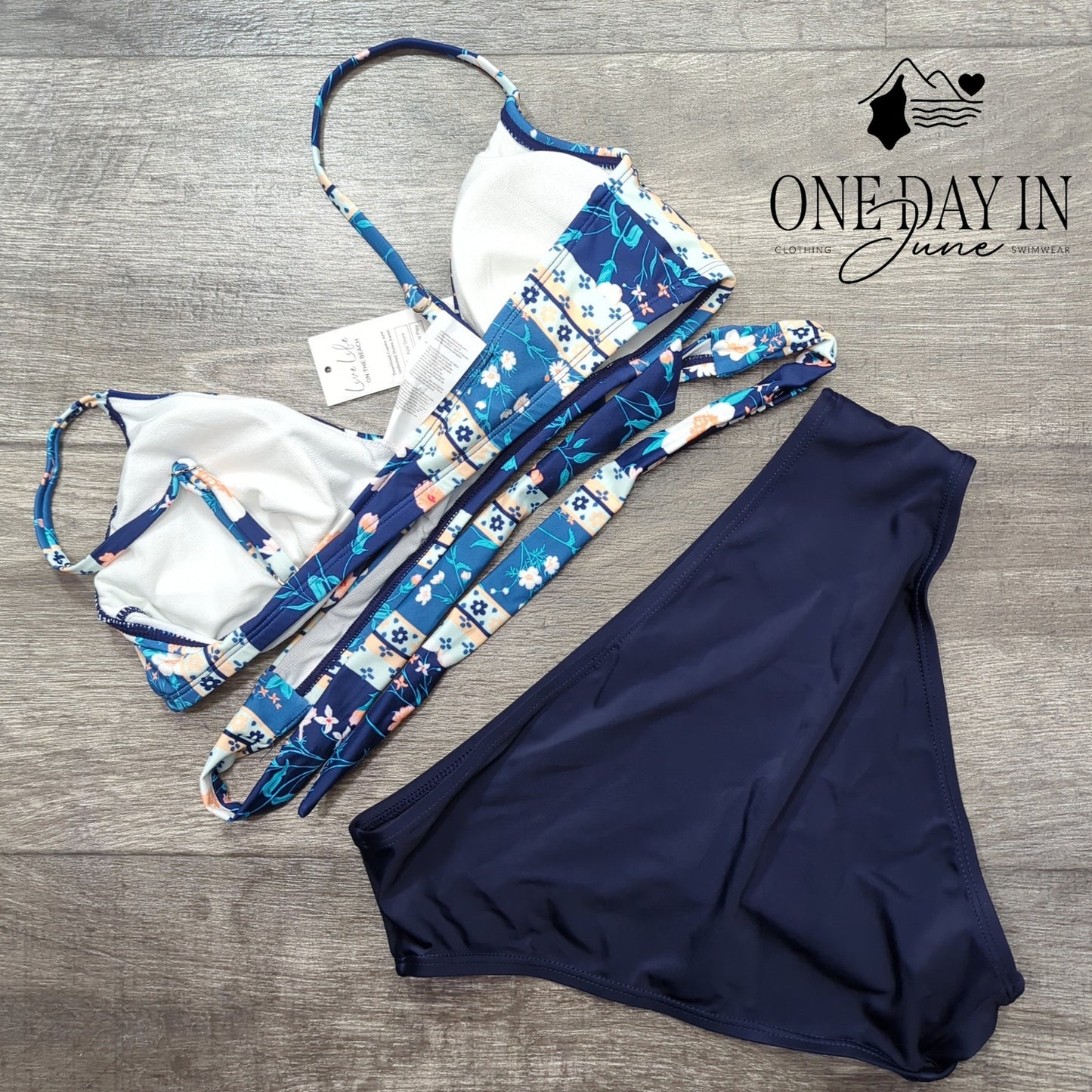 Cupshe Cross Front Wrap Bikini Navy Floral High Waist 2 Piece NWT Size S