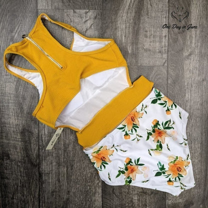 Molybell Floral Cutout One Piece Swimsuit Mustard Yellow High Waist NWT Size S