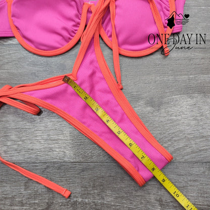 Zaful Ribbed Underwire High Cut Tie Side Bikini Pink Orange NWT Size S