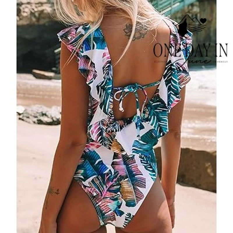 Sporlike Ruffle Shoulder Tropical One Piece Swimsuit Size S