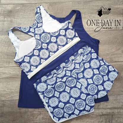 Aleumdr 3 Piece Tankini Swimsuit Navy Blue Print Boyshorts NWT Size XL