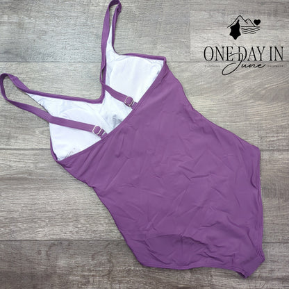 Adisputent Twist Front One Piece Swimdress Purple Ruched Swimsuit Size S